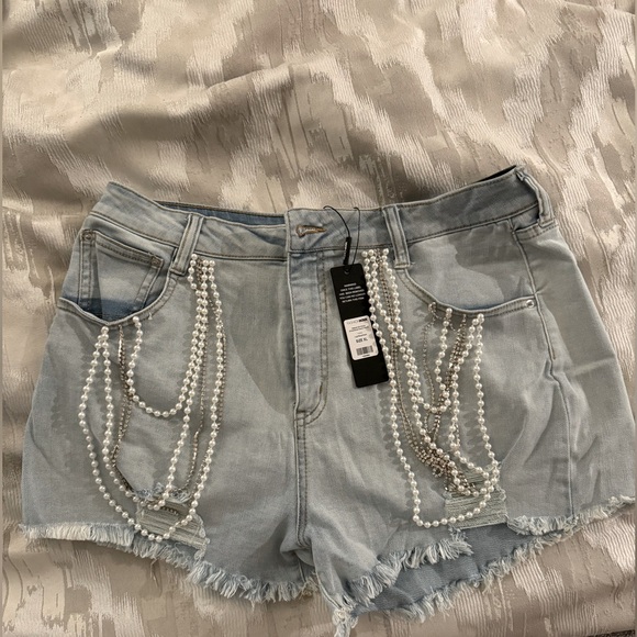 Fashion Nova Pants - Brand New Fashion Nova light wash pearl and diamond shorts